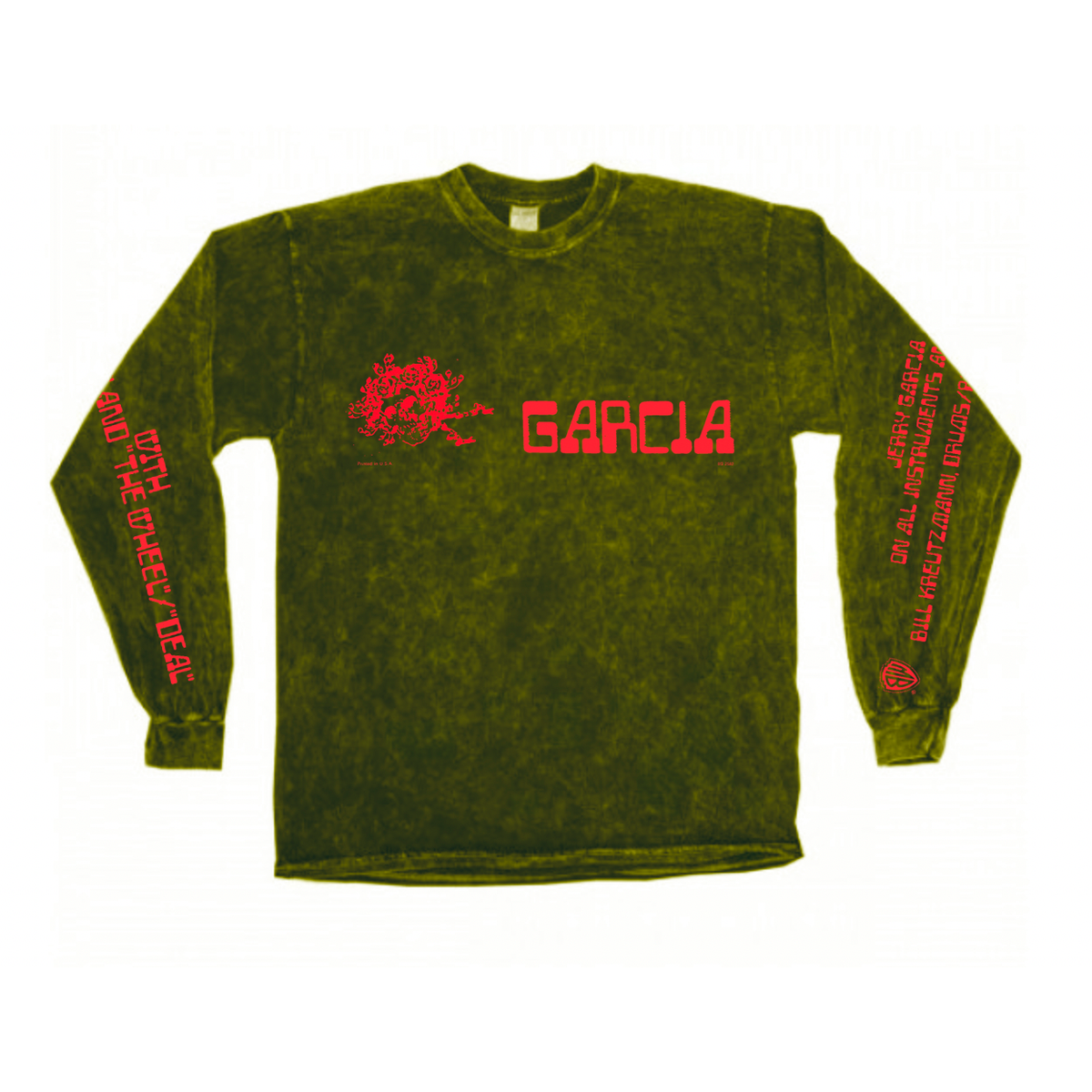 Jerry Garcia long sleeve shirt with red graphic and text on olive green vintage-style fabric