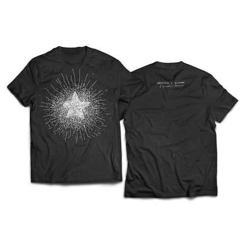 Black Cellophane Memories T-Shirt with white starburst design on front and small text on back in casual style