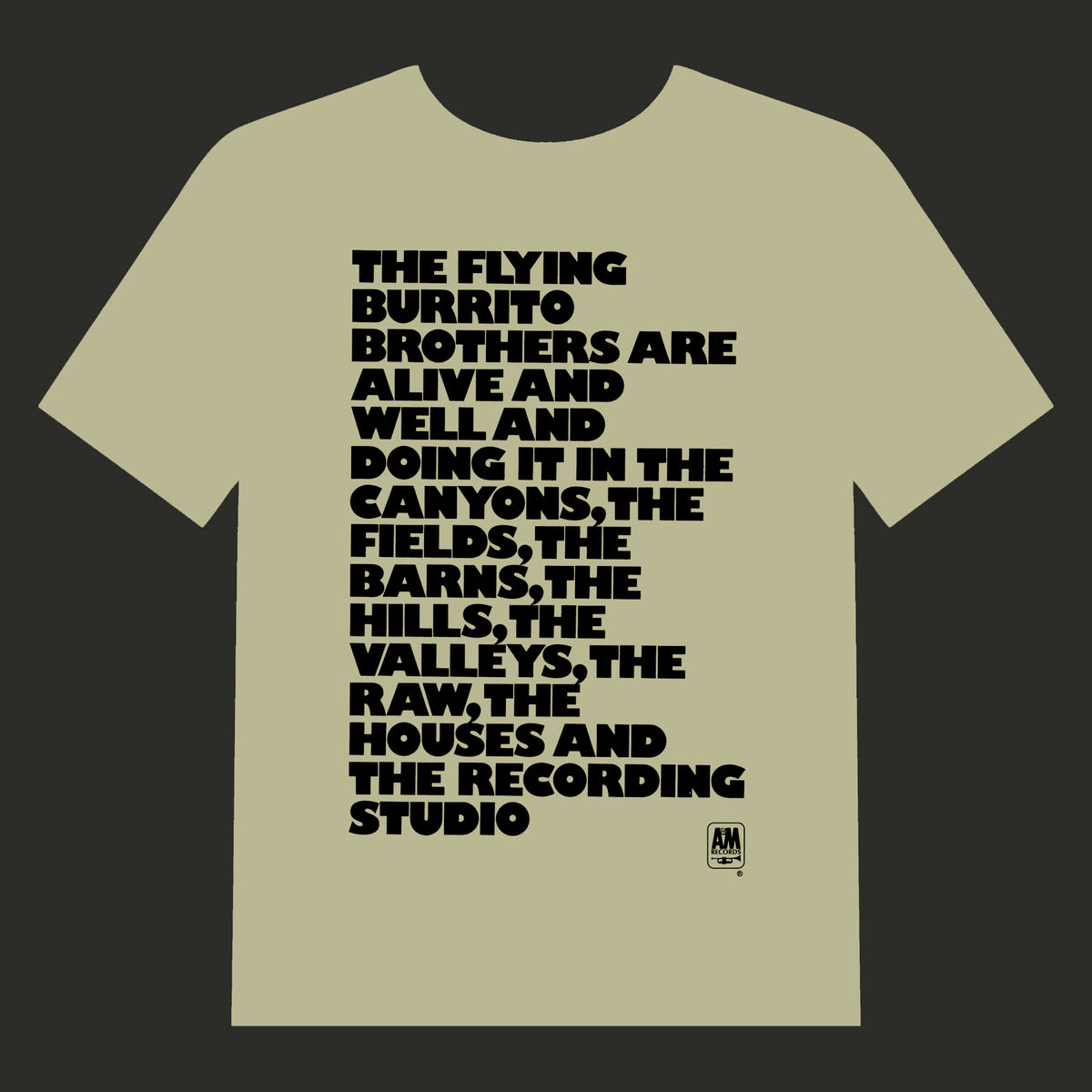 Flying Burrito Bros 1970 Promotional T-Shirt with bold black text design referencing the band and recording studios.