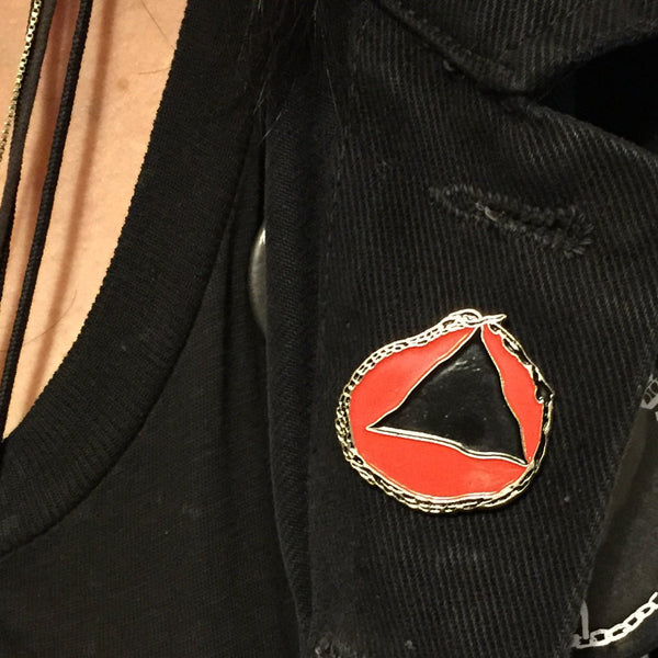 Dripper World Sacred Bones Logo Enamel Pin (Black on Red) Sacred