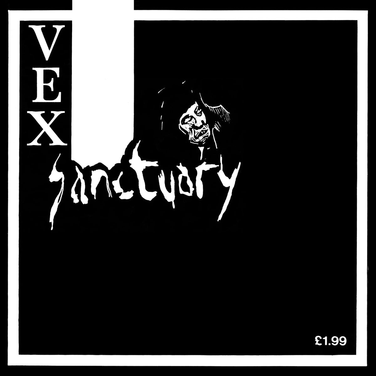 Black and white Sanctuary: The Complete Discography album cover with stylized text and a dark hooded figure illustration.