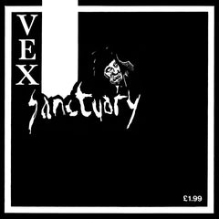 Black and white Sanctuary: The Complete Discography album cover with stylized text and a dark hooded figure illustration.