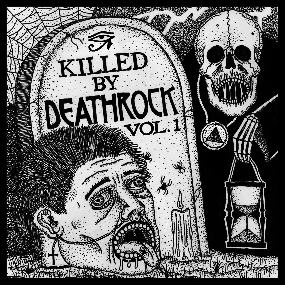 Black and white horror-themed illustration with a tombstone reading Killed by Deathrock Vol. 1 and a decayed figure.