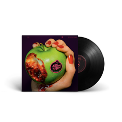 Hand with red nails holding a green apple with a bite and blood, next to a vinyl record titled Animated Violence Mild