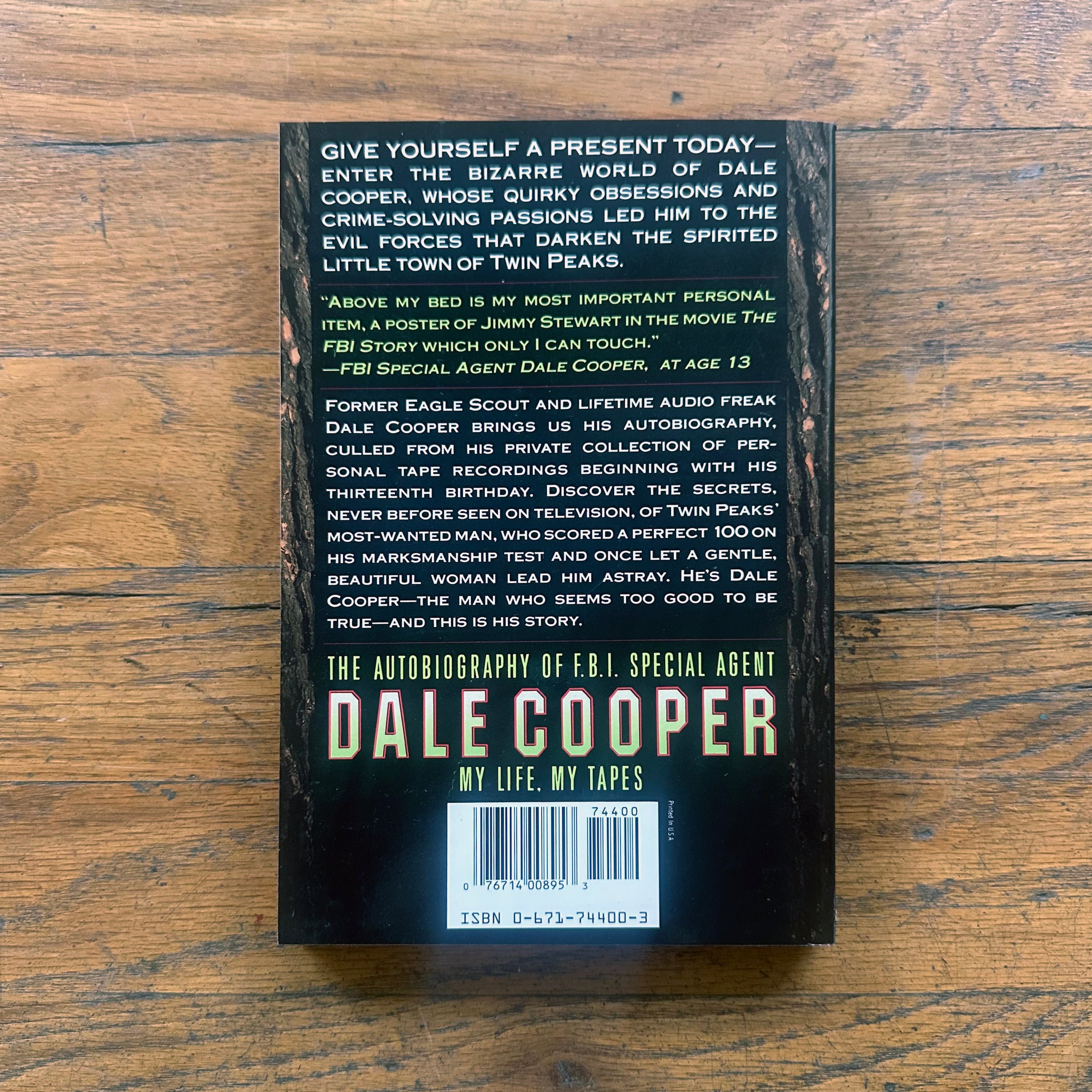 Back cover of The Autobiography of FBI Special Agent Dale Cooper Paperback showing descriptive text and a barcode.