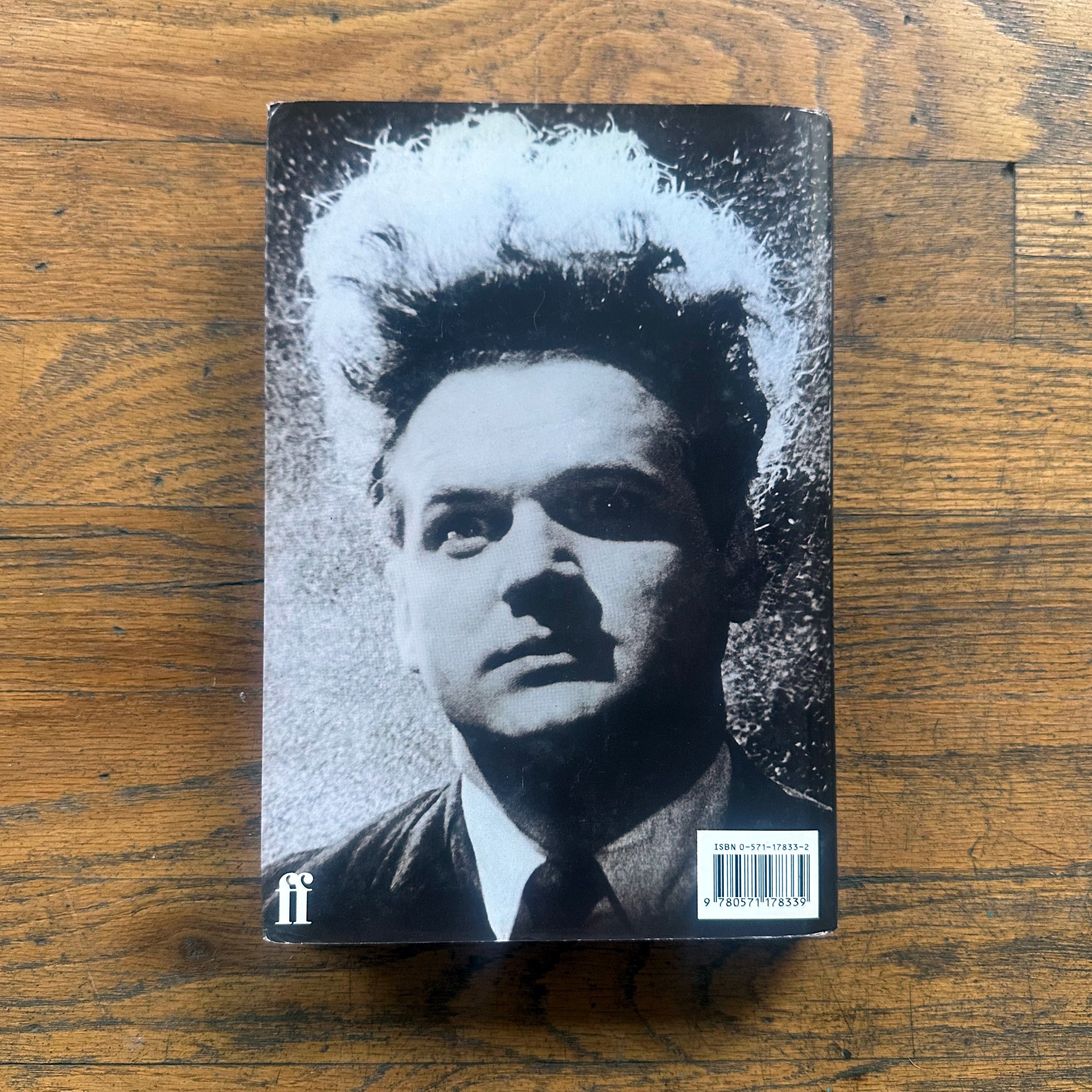 Back cover of Lynch on Lynch book featuring a black and white portrait of a man with dramatic lighting.