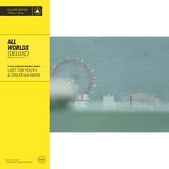Album cover for All Worlds (Deluxe) featuring a muted cityscape with a ferris wheel and yellow side banner with text