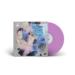 Purple vinyl record partially out of an abstract art album cover titled Conversations by Luca Yupangui