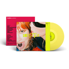 Yellow vinyl record with cover artwork featuring two people and bold text reading "yes, please.