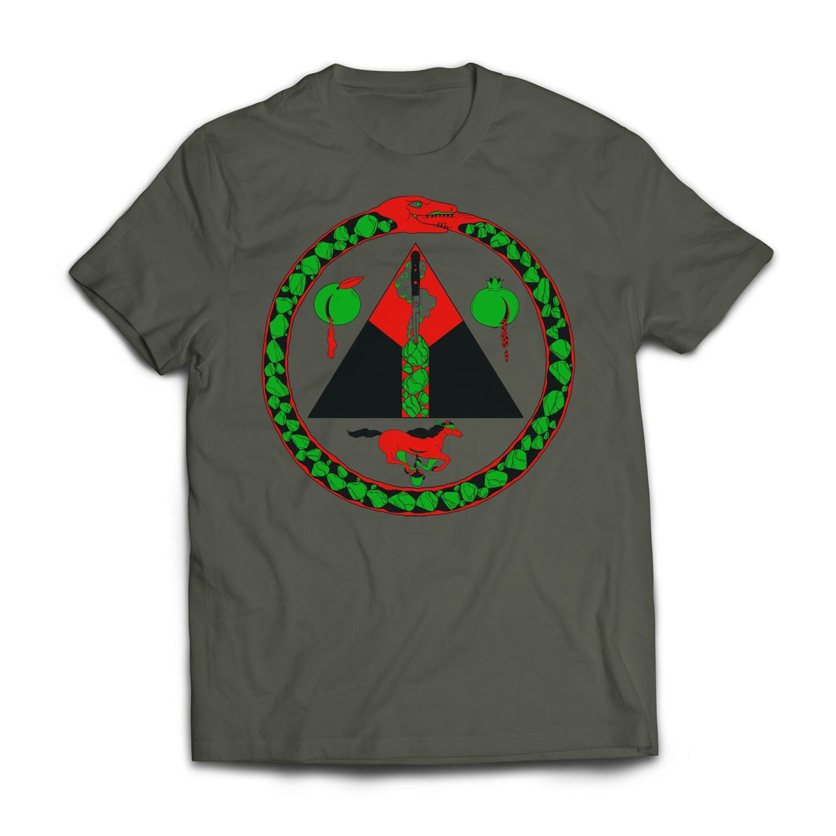 Cristina Daura 'Sacred Bones Logo' T-Shirt in dark gray with red and green serpent and geometric design on front.