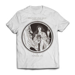 Psychic TV "Allegory & Self" T-Shirt with black and white artistic group illustration on white fabric background