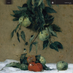 Still life painting of green apples and one red apple with leaves on a table, related to Obey merch or vinyl records.
