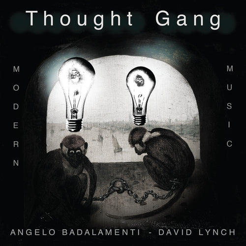 Surreal cover art for Thought Gang album with chained monkeys and glowing light bulbs over heads against a dark background